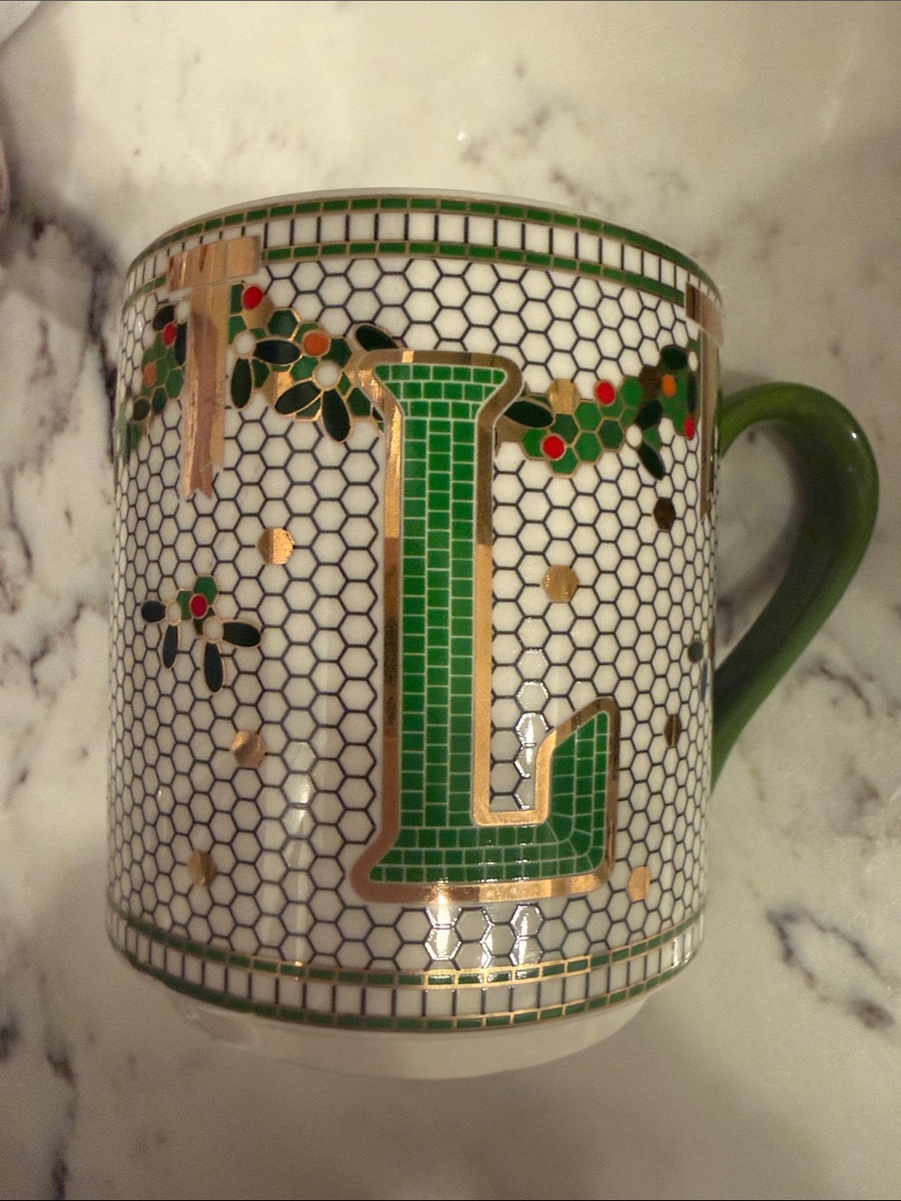 Anthropologie monogram L Green Holiday Ceramic Mug
